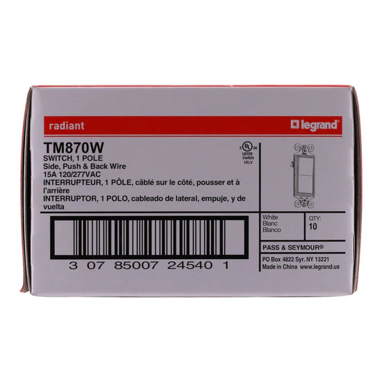 Legrand Pass & Seymour TM870W 15A 1-Pole Paddle Switch – Wall Mount – 120/277V