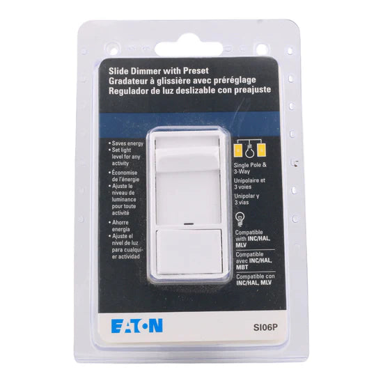 Eaton SI06P-W-K 600W Single-Pole/Three-Way Slide Dimmer – Flush Mount – 120V