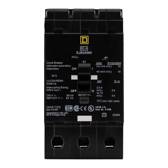 Square D EJB34060 60A 3-Pole Thermal-Magnetic – Bolt-On – 480Y/277V