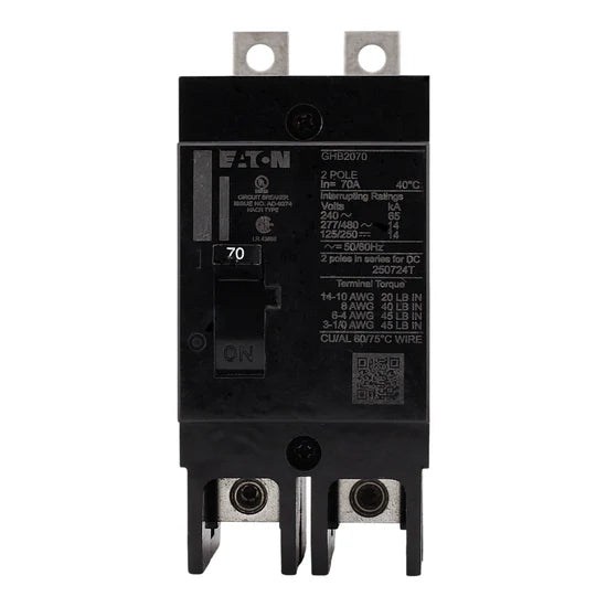 Eaton GHB2070 70A 2-Pole Molded Case Circuit Breaker – Bolt-On – 480Y/277V AC / 125/250V DC