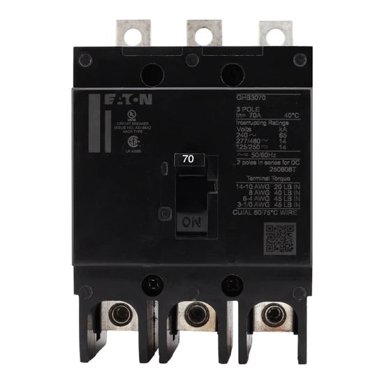 Eaton GHB3070 70A 3-Pole Molded Case Circuit Breaker – Bolt-On – 480Y/277V AC / 125/250V DC