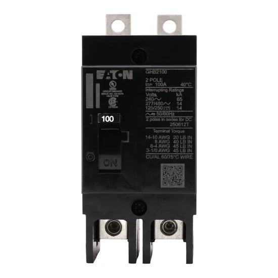 Eaton GHB2100 100A 2-Pole Molded Case Circuit Breaker – Bolt-On – 480Y/277V AC / 125/250V DC