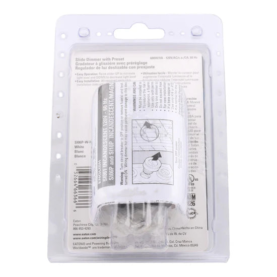 Eaton SI06P-W-K 600W Single-Pole/Three-Way Slide Dimmer – Flush Mount – 120V