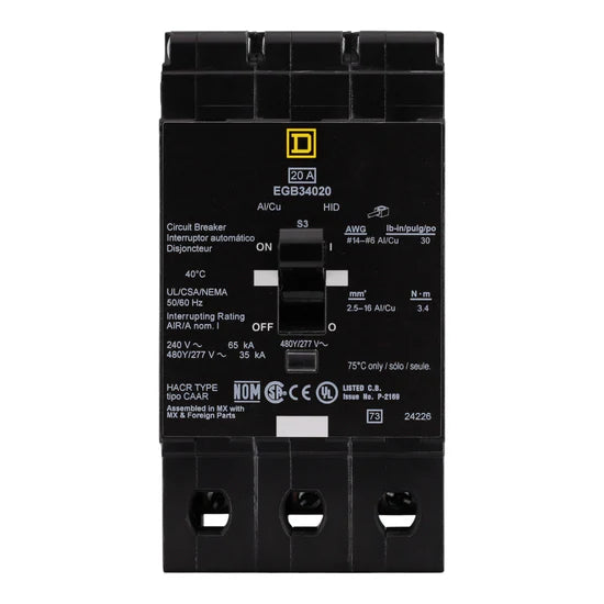 Square D EGB34020 20A 3-Pole Thermal-Magnetic – Bolt-On – 480Y/277V