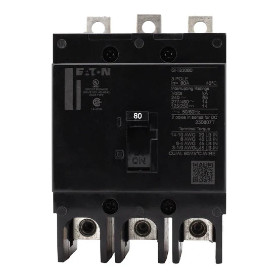Eaton GHB3080 80A 3-Pole Molded Case Circuit Breaker – Bolt-On – 480Y/277V AC / 125/250V DC