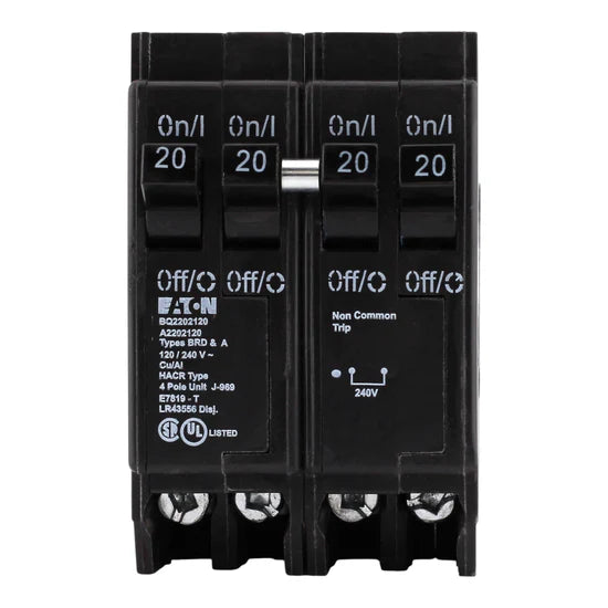 Eaton BQ2202120 20A/20A + 20A 2P 4P Quadplex Thermal-Magnetic Circuit Breaker – Plug-On – 120/240V