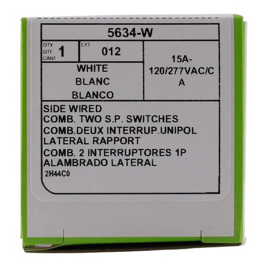 Leviton 5634-W 15A Single-Pole / Single-Pole Combination Switch – Wallbox / Surface – 120/277V