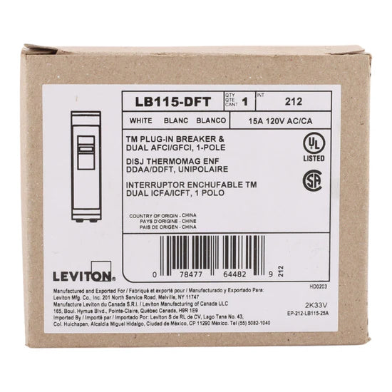 Leviton LB115-DFT 15 Amp 1-Pole Dual Function AFCI/GFCI Circuit Breaker – Plug-On – 120V