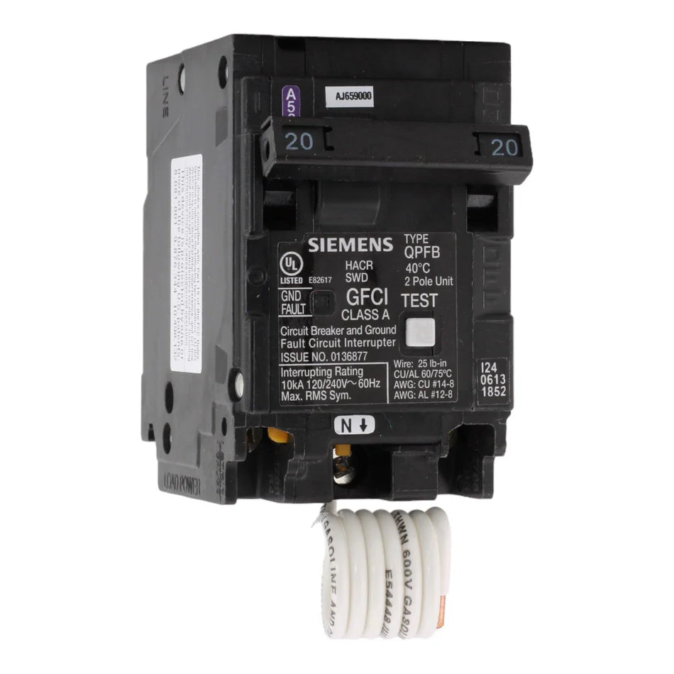 Siemens Q220GF 20 Amp Double-Pole GFCI Circuit Breaker – Pigtail Neutral – 240V