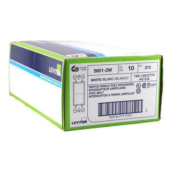 Leviton 5601-2W 15A Single-Pole Decora Rocker Switch – Surface Mount – 120/277V