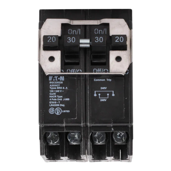 Eaton BQC220230 20A/30A 4-Pole Quadplex Thermal Magnetic Circuit Breaker – Plug-On – 120/240V