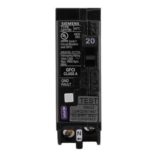 Siemens QF120AN 20A 1-Pole GFCI Circuit Breaker – Plug-In Neutral – 120V