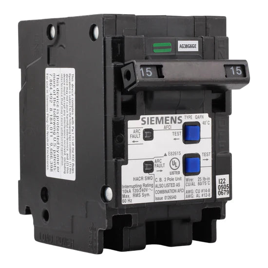 Siemens Q215AFCN 15A 2-Pole AFCI Circuit Breaker – Plug-On Neutral – 120/240V