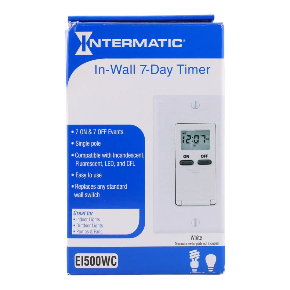 Intermatic EI500WC 7-Day Digital In-Wall Programmable Timer – 125V, 15A, White