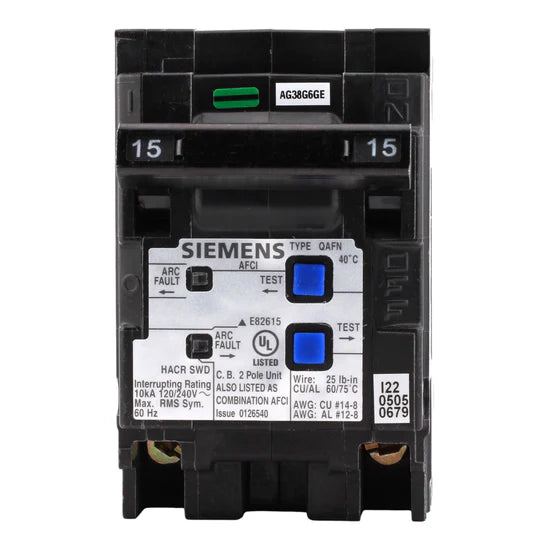 Siemens Q215AFCN 15A 2-Pole AFCI Circuit Breaker – Plug-On Neutral – 120/240V