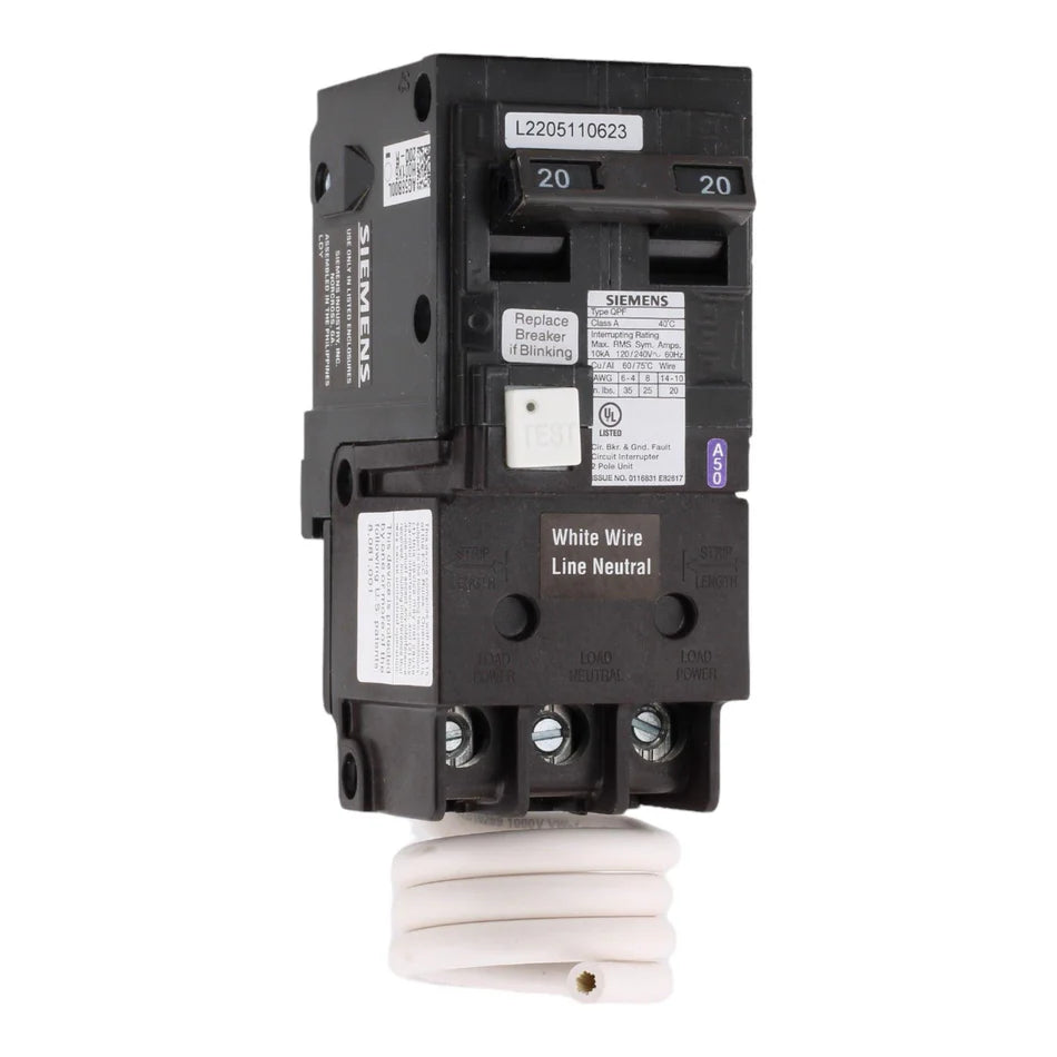 Siemens QF220A 20 Amp Double-Pole GFCI Circuit Breaker – Pigtail Neutral – 120/240V