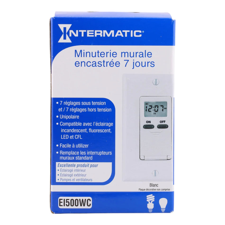Intermatic EI500WC 7-Day Digital In-Wall Programmable Timer – 125V, 15A, White