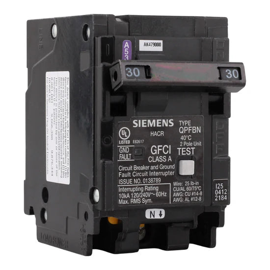 Siemens Q230GFN 30A 2-Pole GFCI Plug-On Neutral Circuit Breaker – Plug-In – 240V AC