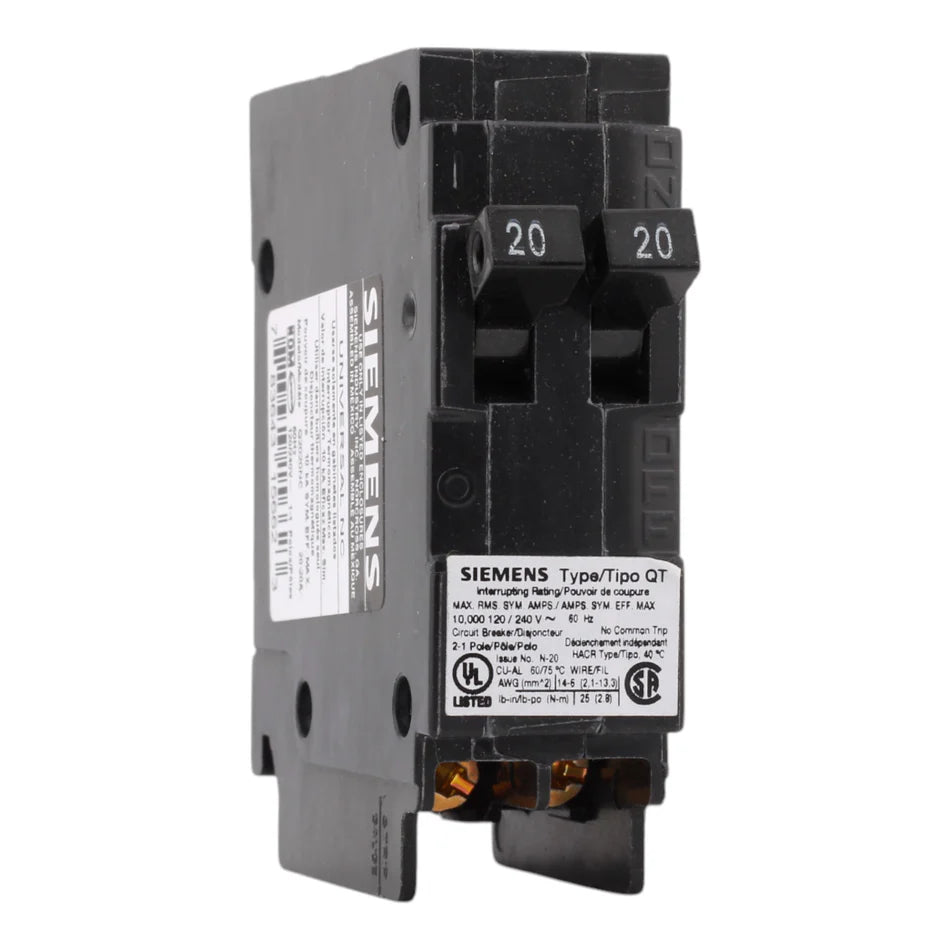 Siemens Q2020NC 20/20 Amp Tandem Non-CTL Circuit Breaker – 120V – Plug-In Mount