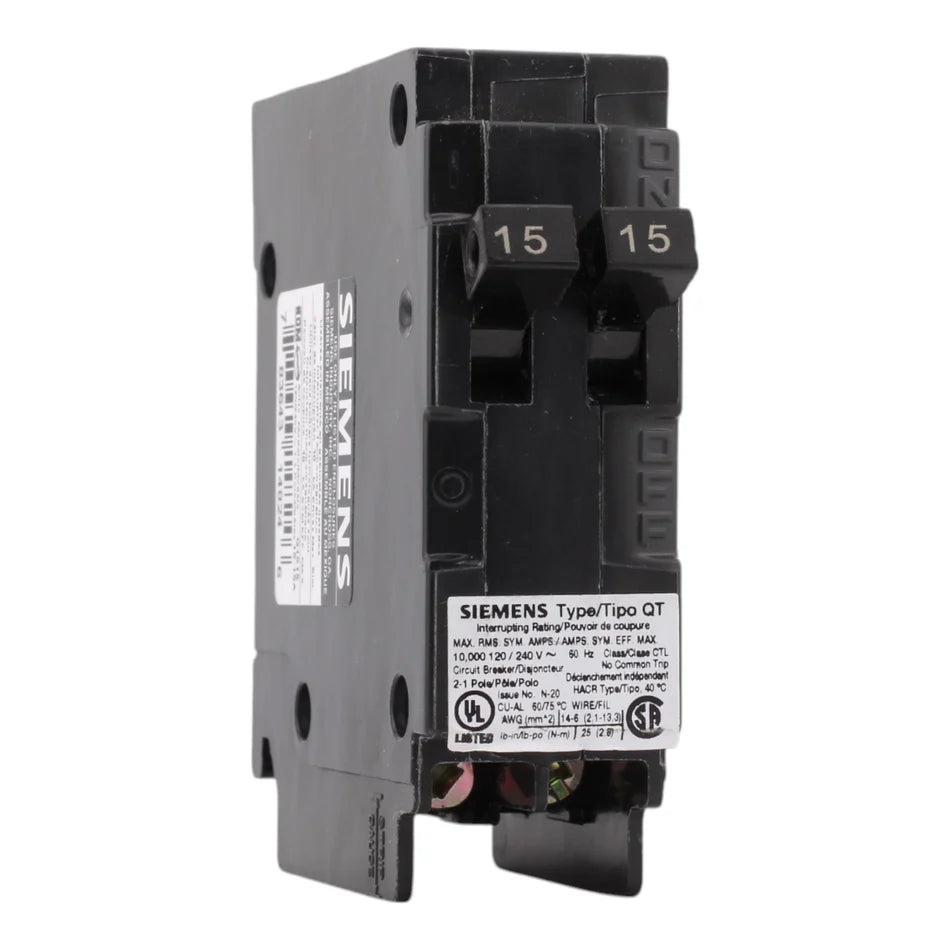 Siemens Q1515 15/15A 120V Duplex Thermal Magnetic Circuit Breaker – Type QT