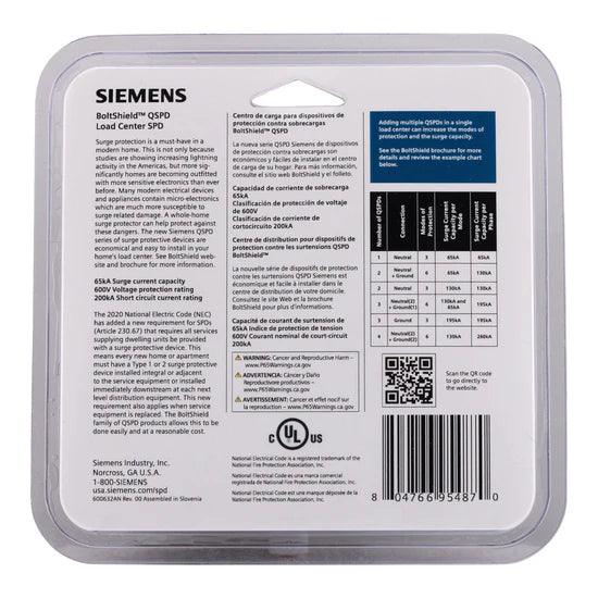Siemens QSPD2A065P 65kA 2P Surge Protective Device – Plug-In – 120/240V