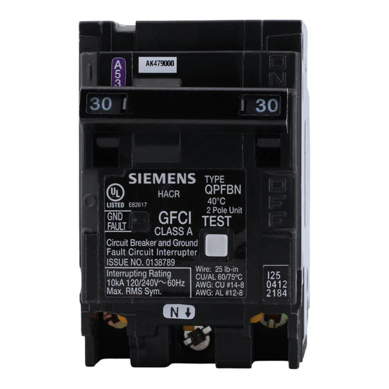 Siemens Q230GFN 30A 2-Pole GFCI Plug-On Neutral Circuit Breaker – Plug-In – 240V AC