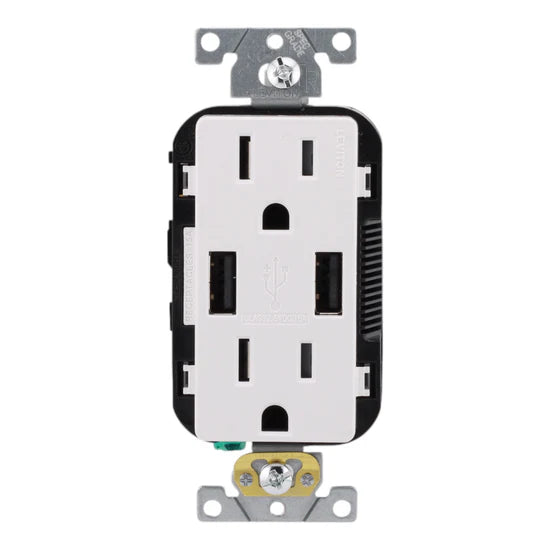 Leviton T5632-SW 15A Duplex Receptacle with USB Charger – Decora Mount – 125V