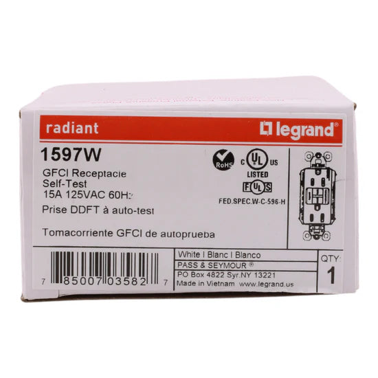 Legrand radiant 1597W 15A Self-Test GFCI Duplex Receptacle – White