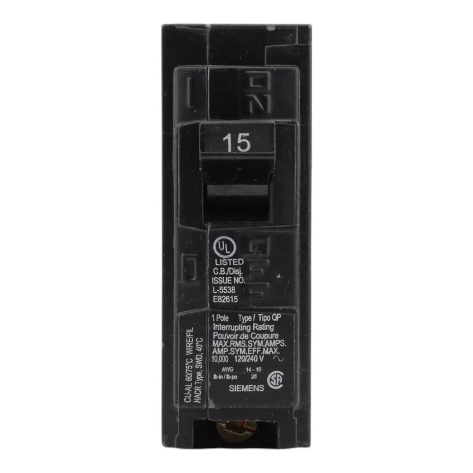 Siemens Q115 15 Amp Single-Pole Thermal Magnetic Circuit Breaker – Plug-In – 120V