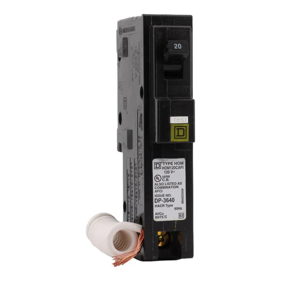 Square D HOM120CAFI 20A 1-Pole Combination Arc-Fault (AFCI) Circuit Breaker – Pigtail Neutral – 120V