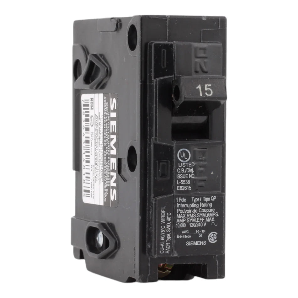 Siemens Q115 15 Amp Single-Pole Thermal Magnetic Circuit Breaker – Plug-In – 120V