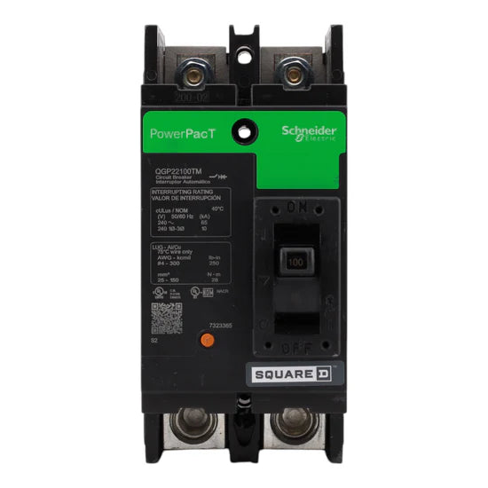 Square D PowerPacT QGP22100TM 100A 2-Pole Thermal Magnetic – Lug-In – 240V AC