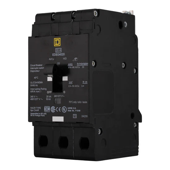 Square D EDB34020 20A 3-Pole Thermal-Magnetic – Bolt-On – 480Y/277V
