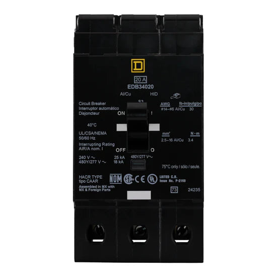 Square D EDB34020 20A 3-Pole Thermal-Magnetic – Bolt-On – 480Y/277V