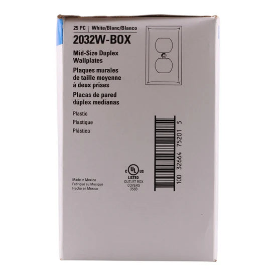 Eaton 2032W-BOX Mid-Size 1-Gang Duplex Wallplate – Thermoset – White