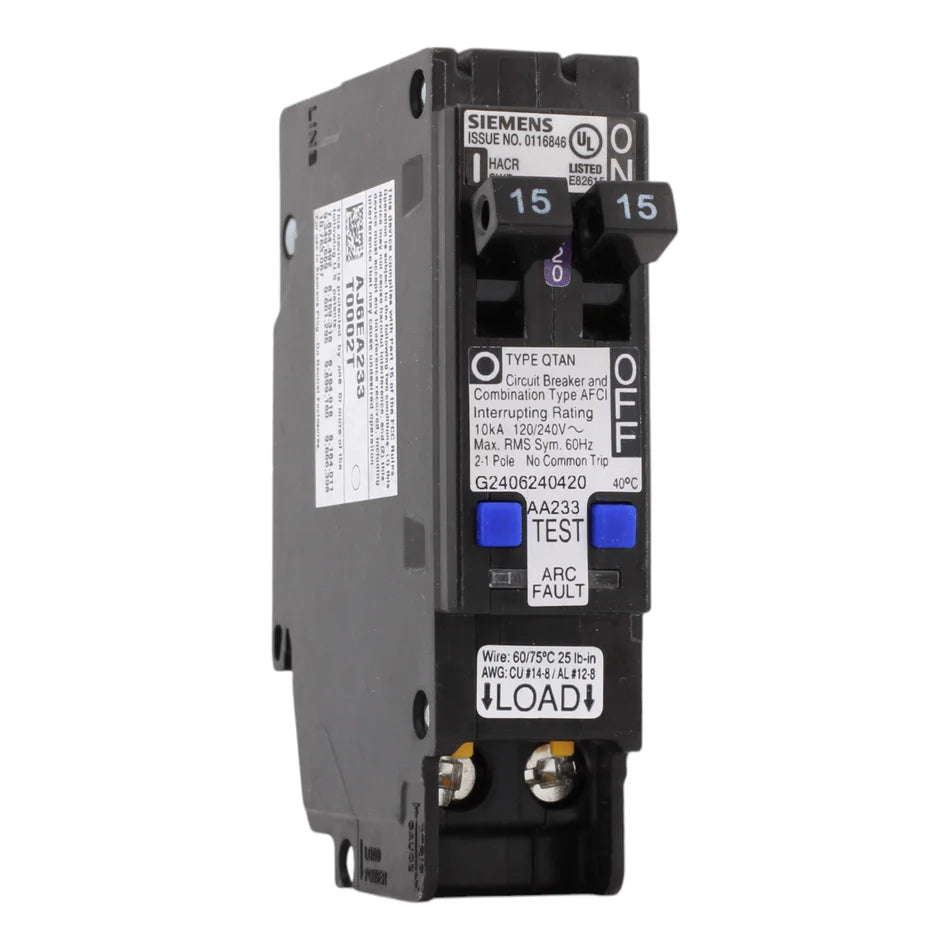 Siemens Q1515AFCN 15/15 Amp Tandem Combination AFCI Circuit Breaker – 120V – Plug-On Neutral