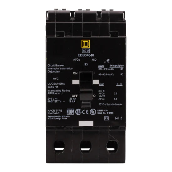 Square D EDB34040 40A 3-Pole Thermal-Magnetic – Bolt-On – 480Y/277V