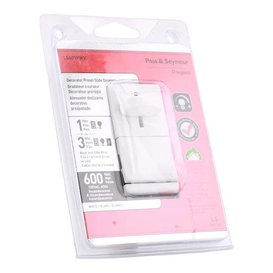 Legrand LS603PWV 600W 3-Way Preset Slide Dimmer – Incandescent – White