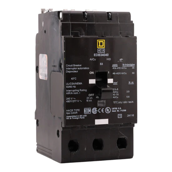 Square D EDB34040 40A 3-Pole Thermal-Magnetic – Bolt-On – 480Y/277V