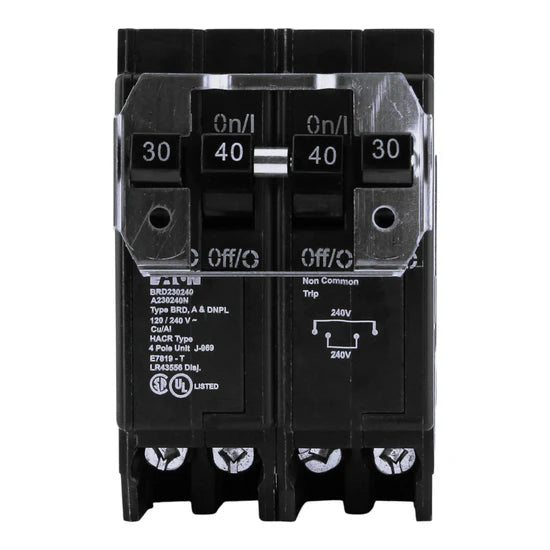 Eaton BR BRD230240 30A/40A 4-Pole Quad Thermal-Magnetic Circuit Breaker – 120/240V