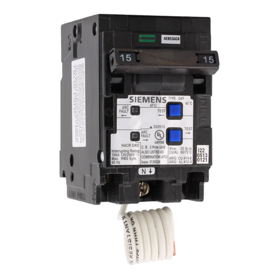 Siemens Q215AFC 15A 120/240V 2-Pole Combination AFCI Circuit Breaker – Plug-In with Pigtail