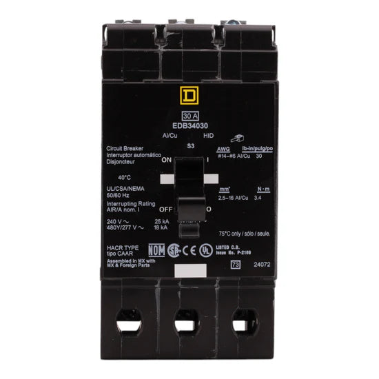 Square D EDB34030 30A 3-Pole Thermal-Magnetic – Bolt-On – 480V