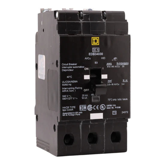 Square D EDB34030 30A 3-Pole Thermal-Magnetic – Bolt-On – 480V