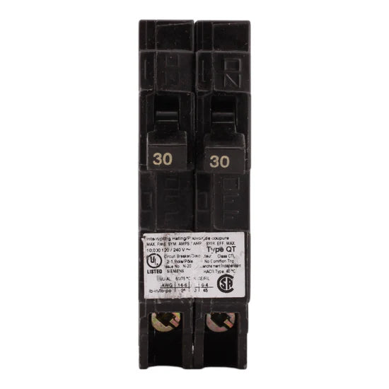 Siemens Q3030 30A/30A 1-Pole Duplex Thermal-Magnetic Circuit Breaker – Plug-In – 120V