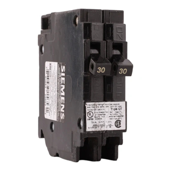 Siemens Q3030 30A/30A 1-Pole Duplex Thermal-Magnetic Circuit Breaker – Plug-In – 120V