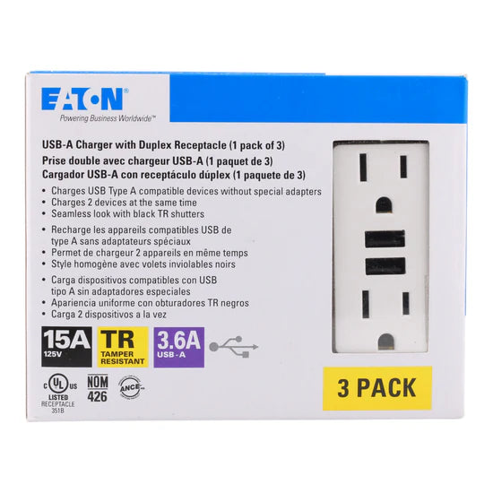 Eaton TR7765W-3-LW 15A 2-Pole USB Charger Duplex Receptacle – Flush Mount – 125V