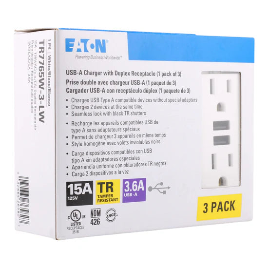 Eaton TR7765W-3-LW 15A 2-Pole USB Charger Duplex Receptacle – Flush Mount – 125V