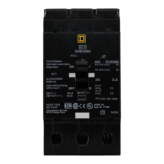 Square D EDB34060 60A 3-Pole Thermal-Magnetic – Bolt-On – 480Y/277V