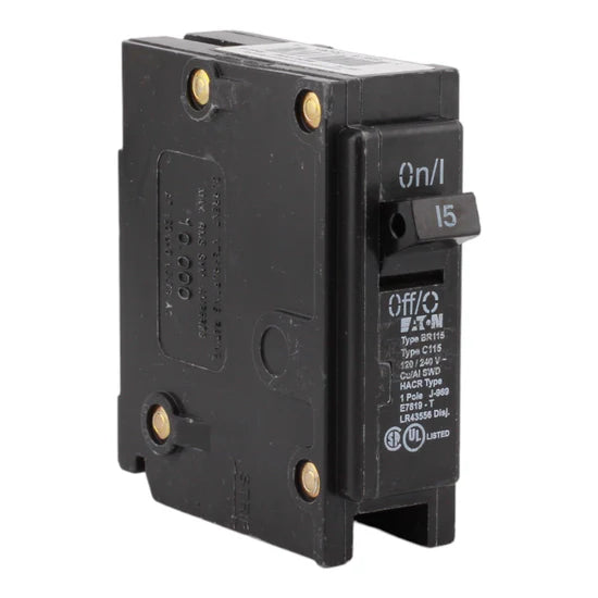 Eaton BR115 15A 1-Pole Thermal Magnetic Circuit Breaker – Plug-On – 120/240V