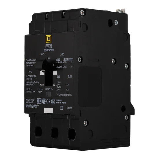 Square D EDB34100 100A 3-Pole Thermal-Magnetic – Bolt-On – 480Y/277V